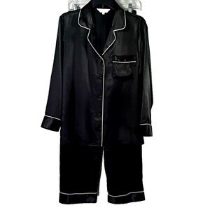 Black Satin PJ Set Women's M Pull on Drawstring Long Pants Button Front Top Goth